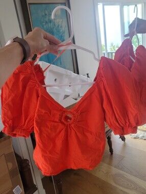 Women’s Bright Orange Puff Sleeve Crop Top with Ring Detail